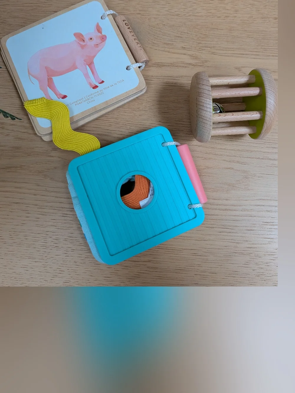 Lovevery Baby Bundle Wooden Animal Book, Texture Book And Rolling Bell